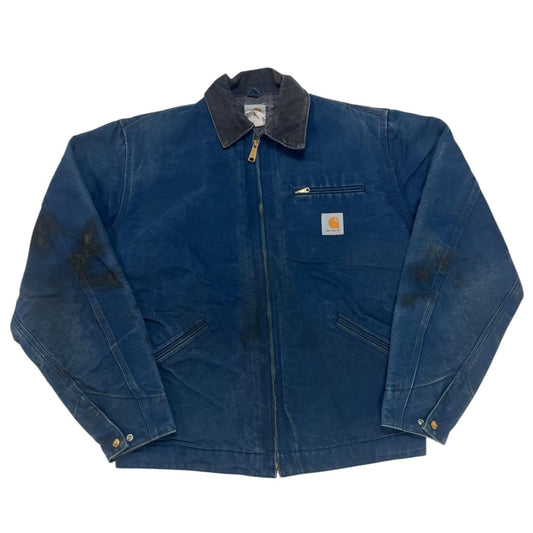 Carhartt Vintage Duck Canvas Work Jacket Blue Cord Collar Size 42 Distressed USA