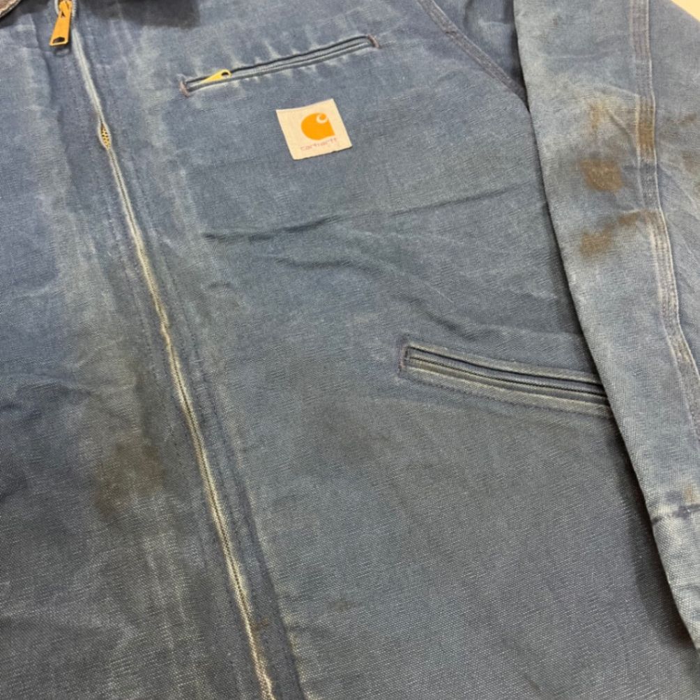 Carhartt Vintage Duck Canvas Work Jacket Blue Cord Collar Size 42 Distressed USA