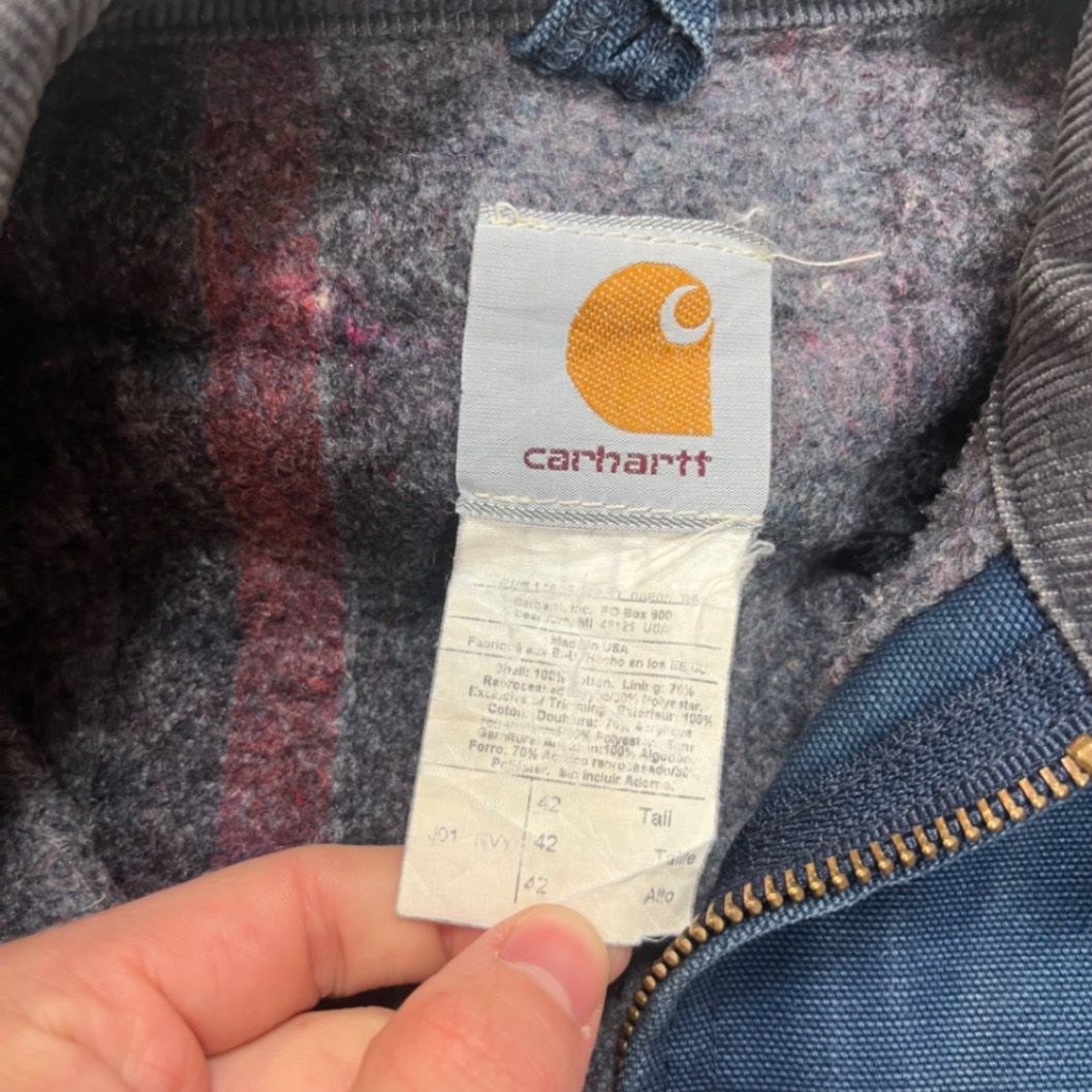 Carhartt Vintage Duck Canvas Work Jacket Blue Cord Collar Size 42 Distressed USA