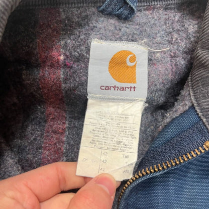 Carhartt Vintage Duck Canvas Work Jacket Blue Cord Collar Size 42 Distressed USA