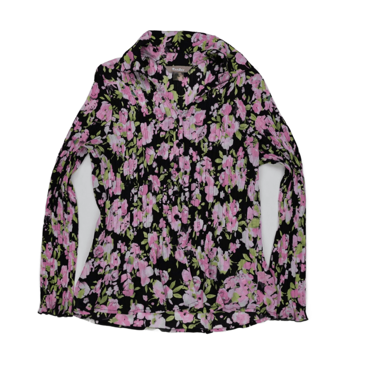 TanJay Black Pink Floral Crinkle Blouse Long Sleeve Size 16 Polyester Top