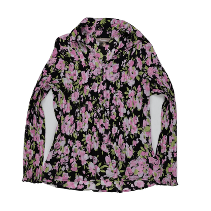TanJay Black Pink Floral Crinkle Blouse Long Sleeve Size 16 Polyester Top