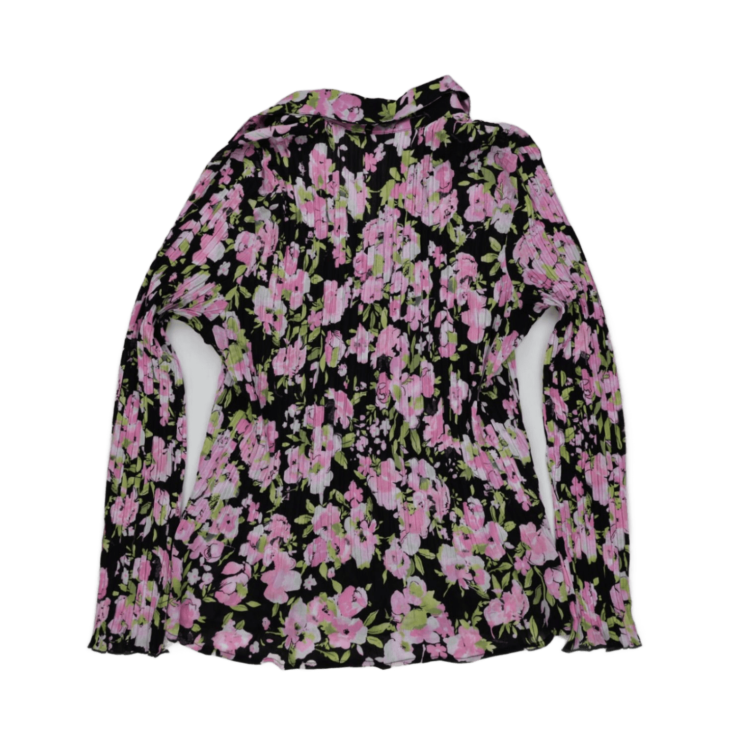 TanJay Black Pink Floral Crinkle Blouse Long Sleeve Size 16 Polyester Top