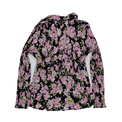 TanJay Black Pink Floral Crinkle Blouse Long Sleeve Size 16 Polyester Top