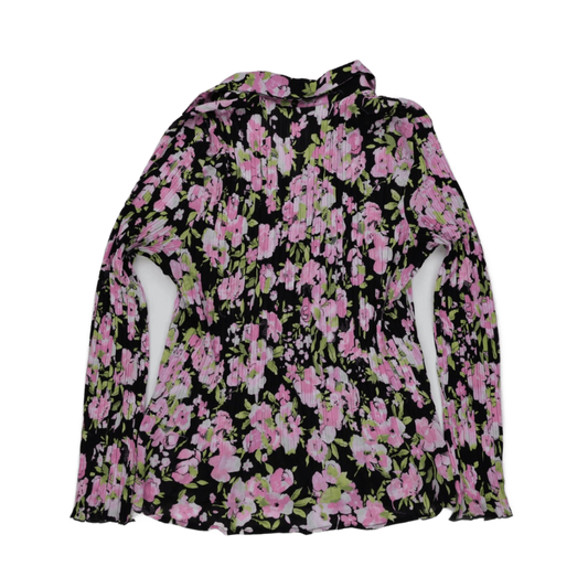 TanJay Black Pink Floral Crinkle Blouse Long Sleeve Size 16 Polyester Top
