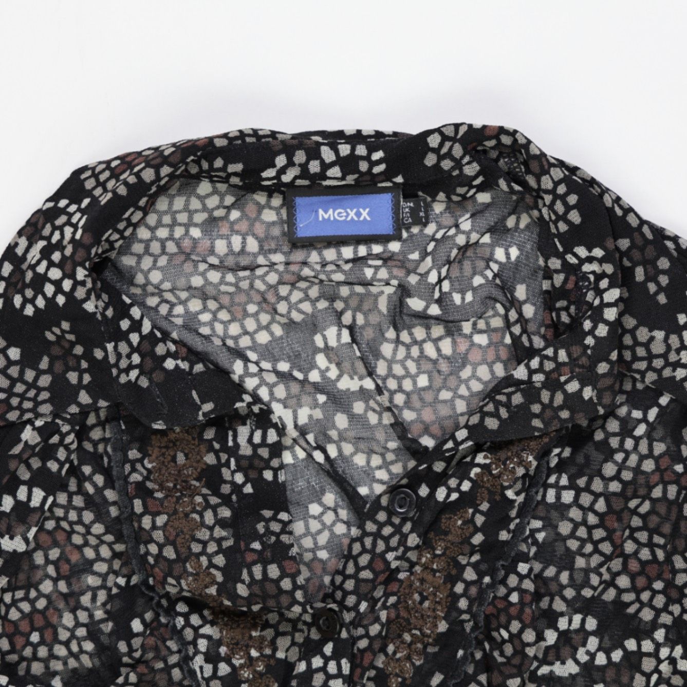 MEXX Black Sheer Mosaic Print Blouse Long Sleeve Women's Size S | Elegant Office Chic Top