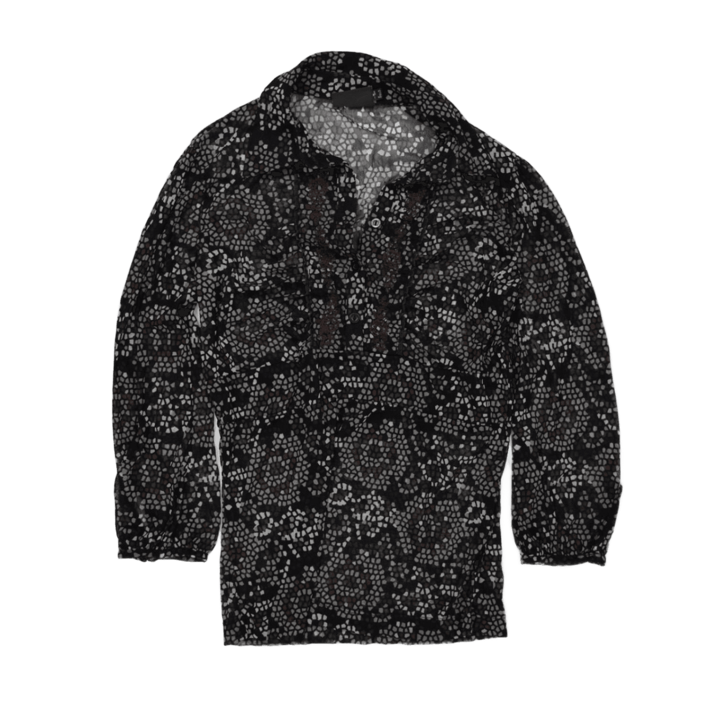MEXX Black Sheer Mosaic Print Blouse Long Sleeve Women's Size S | Elegant Office Chic Top