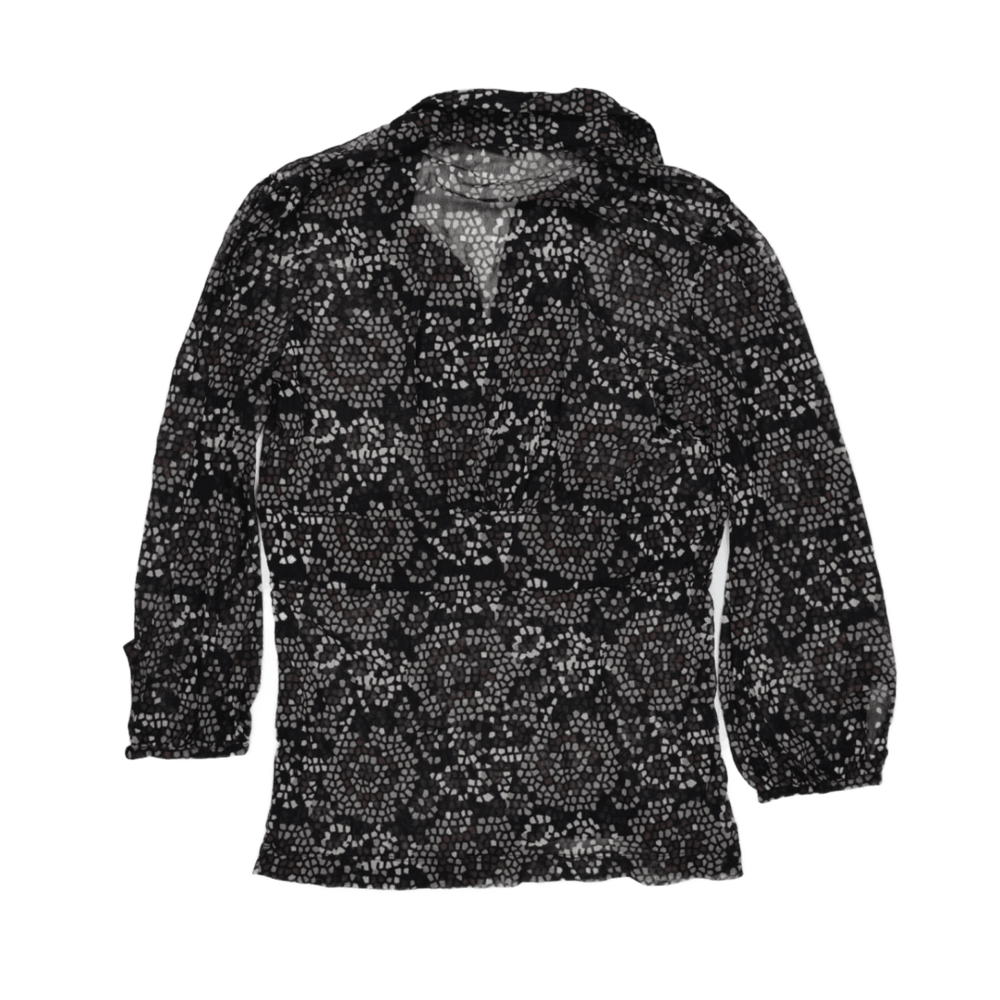 MEXX Black Sheer Mosaic Print Blouse Long Sleeve Women's Size S | Elegant Office Chic Top