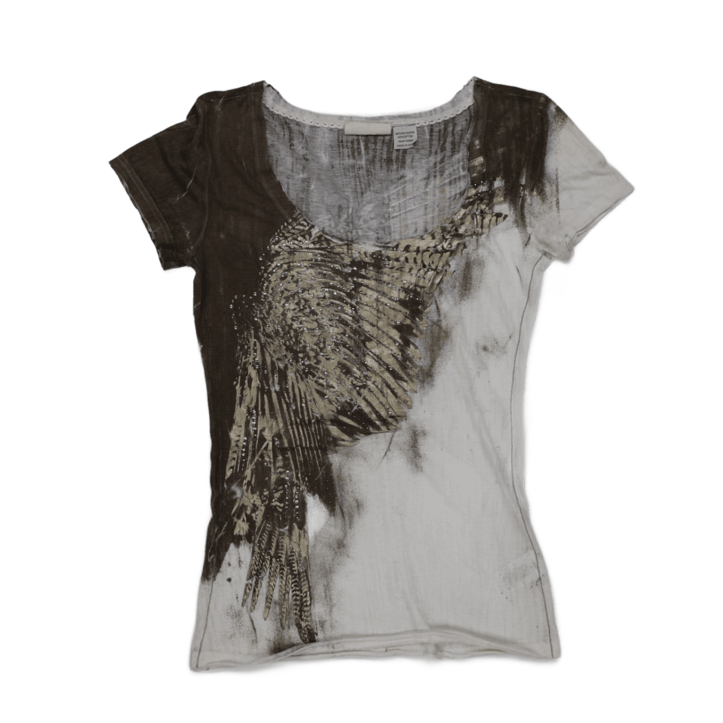 Miss Me Medium Abstract Wing Embellished Brown White Short Sleeve T-Shirt M Womens Top