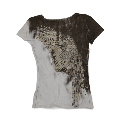 Miss Me Medium Abstract Wing Embellished Brown White Short Sleeve T-Shirt M Womens Top