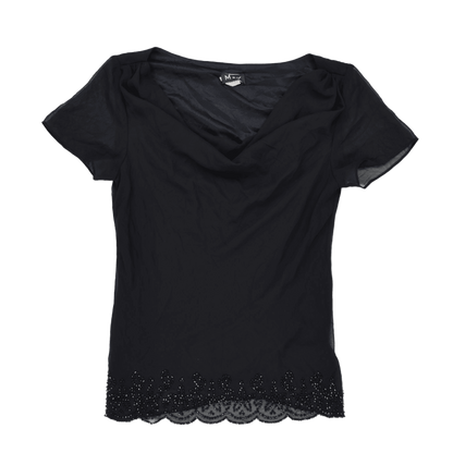 MSK Black Embellished Hem Short Sleeve Top, Size S – Elegant Party Blouse, Polyester, Scalloped Finish - Ideal for Evening Wear or Special Occasions