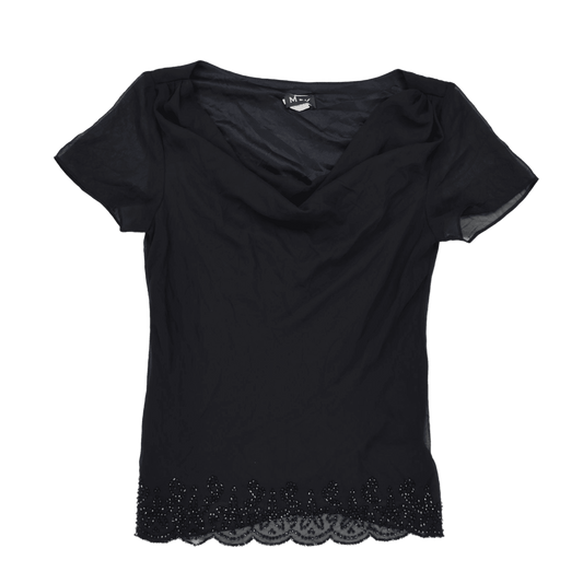 MSK Black Embellished Hem Short Sleeve Top, Size S – Elegant Party Blouse, Polyester, Scalloped Finish - Ideal for Evening Wear or Special Occasions