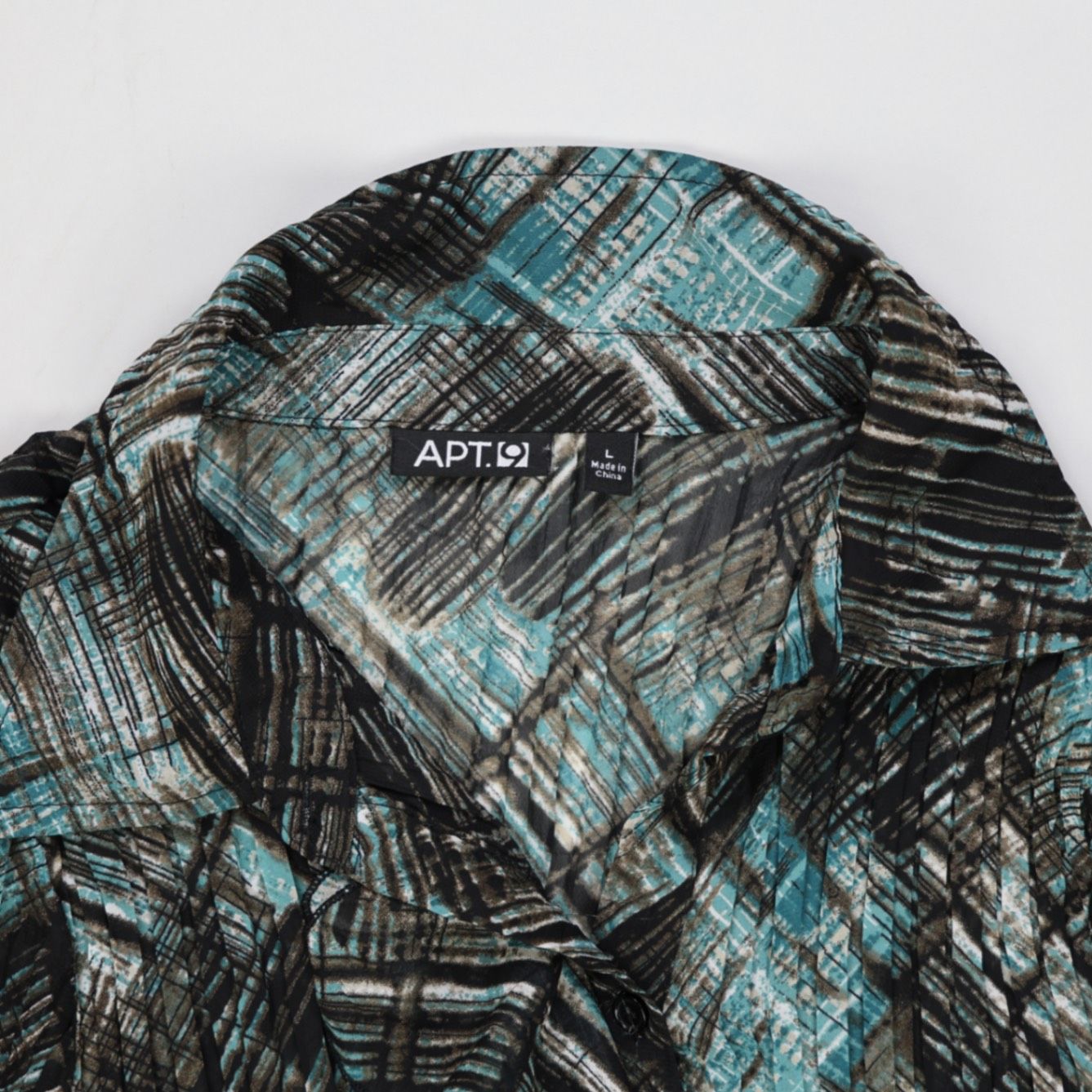 APT.9 Large Geometric Sheer Long Sleeve Blouse in Blue Black Mixed Shades for Effortless Day to Night Outfits