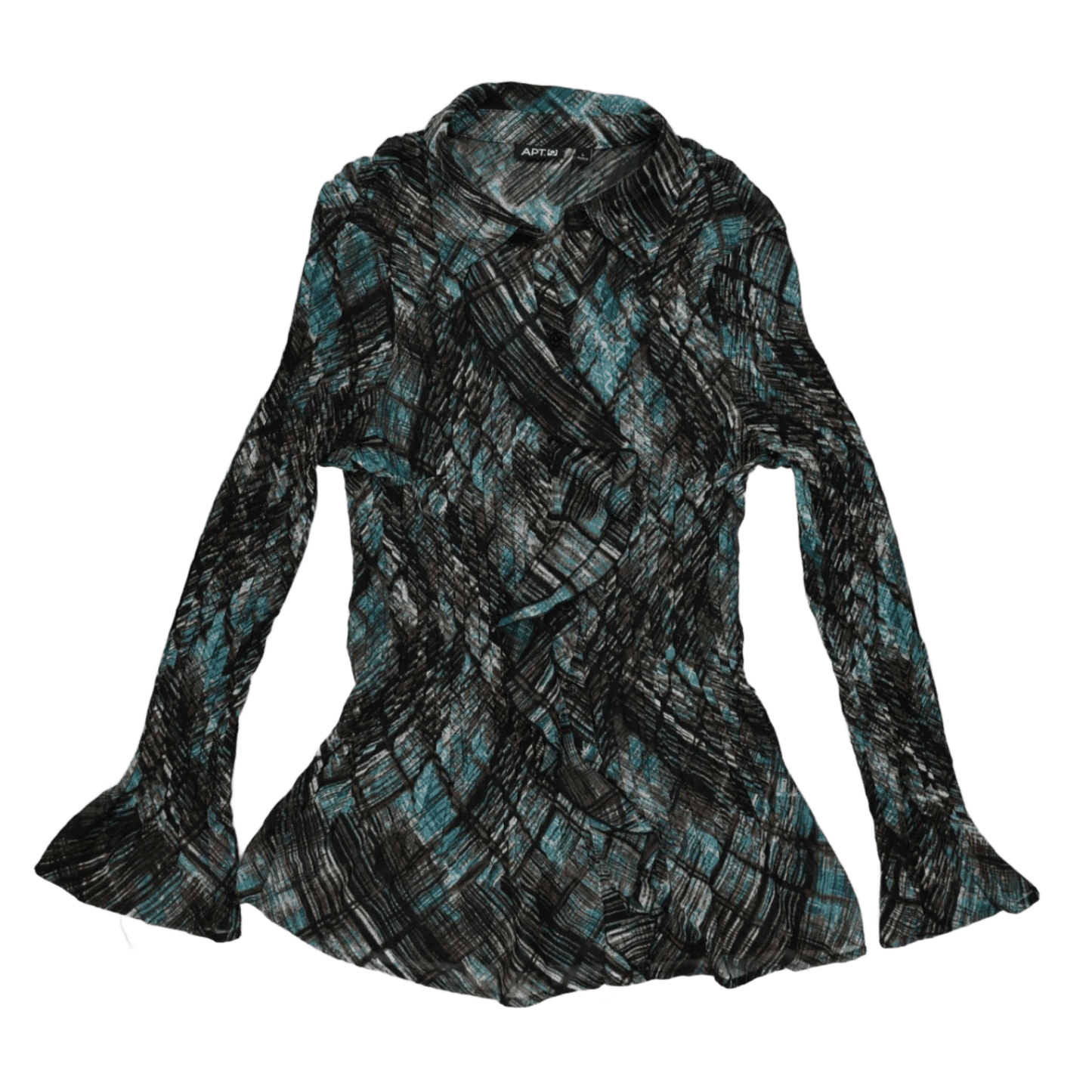 APT.9 Large Geometric Sheer Long Sleeve Blouse in Blue Black Mixed Shades for Effortless Day to Night Outfits