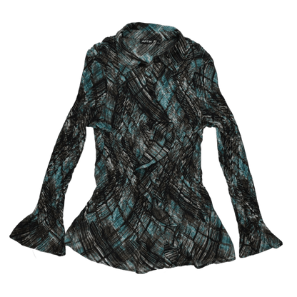 APT.9 Large Geometric Sheer Long Sleeve Blouse in Blue Black Mixed Shades for Effortless Day to Night Outfits