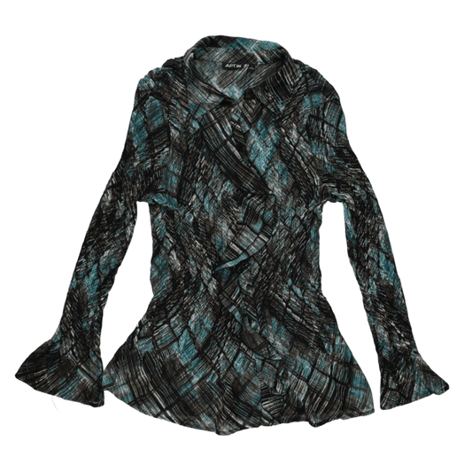 APT.9 Large Geometric Sheer Long Sleeve Blouse in Blue Black Mixed Shades for Effortless Day to Night Outfits