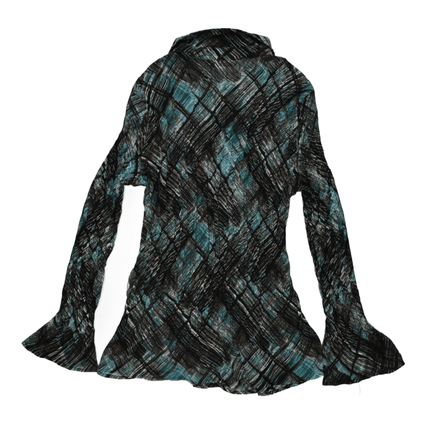 APT.9 Large Geometric Sheer Long Sleeve Blouse in Blue Black Mixed Shades for Effortless Day to Night Outfits