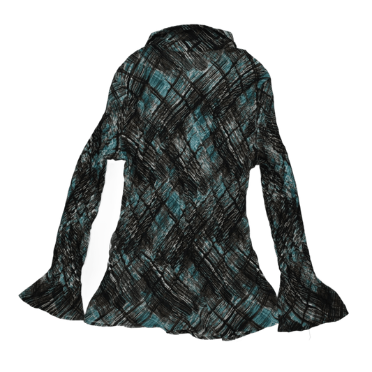 APT.9 Large Geometric Sheer Long Sleeve Blouse in Blue Black Mixed Shades for Effortless Day to Night Outfits