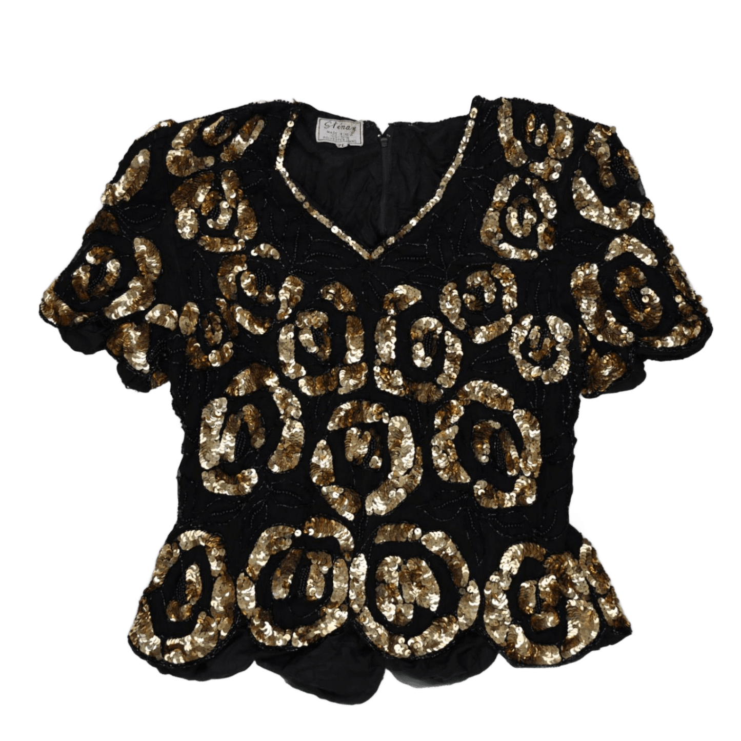Stenay Black Gold Sequin Short Sleeve Party Top PL – Vintage 90s Eveningwear, Hand Beaded, Glamorous Sequin Blouse