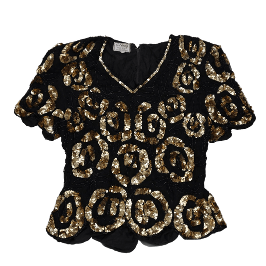 Stenay Black Gold Sequin Short Sleeve Party Top PL – Vintage 90s Eveningwear, Hand Beaded, Glamorous Sequin Blouse