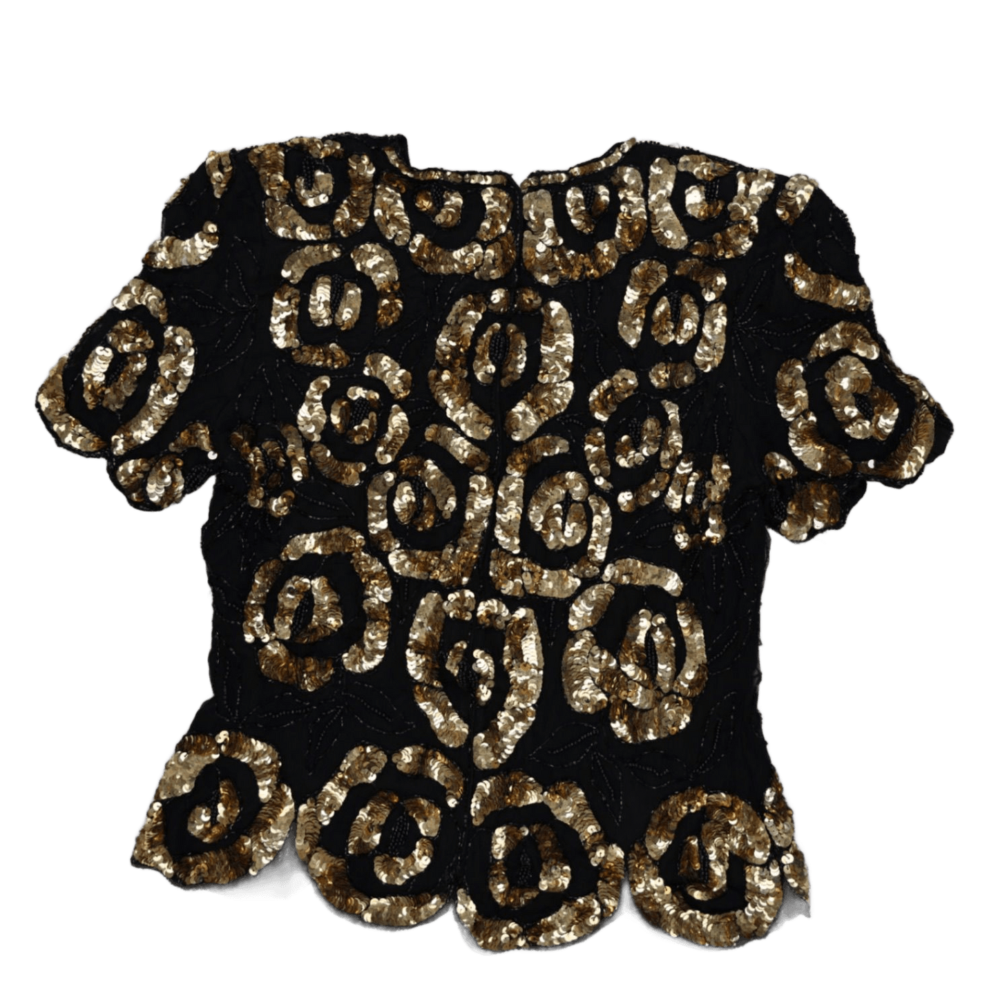Stenay Black Gold Sequin Short Sleeve Party Top PL – Vintage 90s Eveningwear, Hand Beaded, Glamorous Sequin Blouse