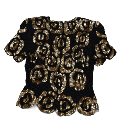Stenay Black Gold Sequin Short Sleeve Party Top PL – Vintage 90s Eveningwear, Hand Beaded, Glamorous Sequin Blouse