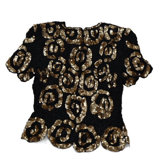 Stenay Black Gold Sequin Short Sleeve Party Top PL – Vintage 90s Eveningwear, Hand Beaded, Glamorous Sequin Blouse