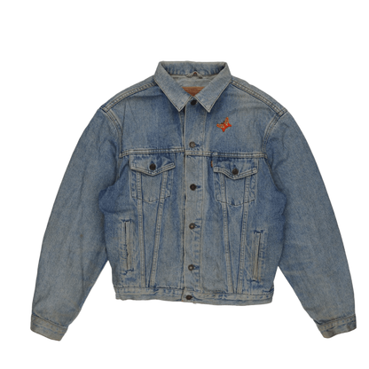 Levi's Vintage Blue Denim Trucker Jacket Large Cotton with Butterfly Embroidery and Hand-Painted Statement Patch