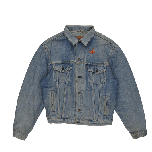 Levi's Vintage Blue Denim Trucker Jacket Large Cotton with Butterfly Embroidery and Hand-Painted Statement Patch