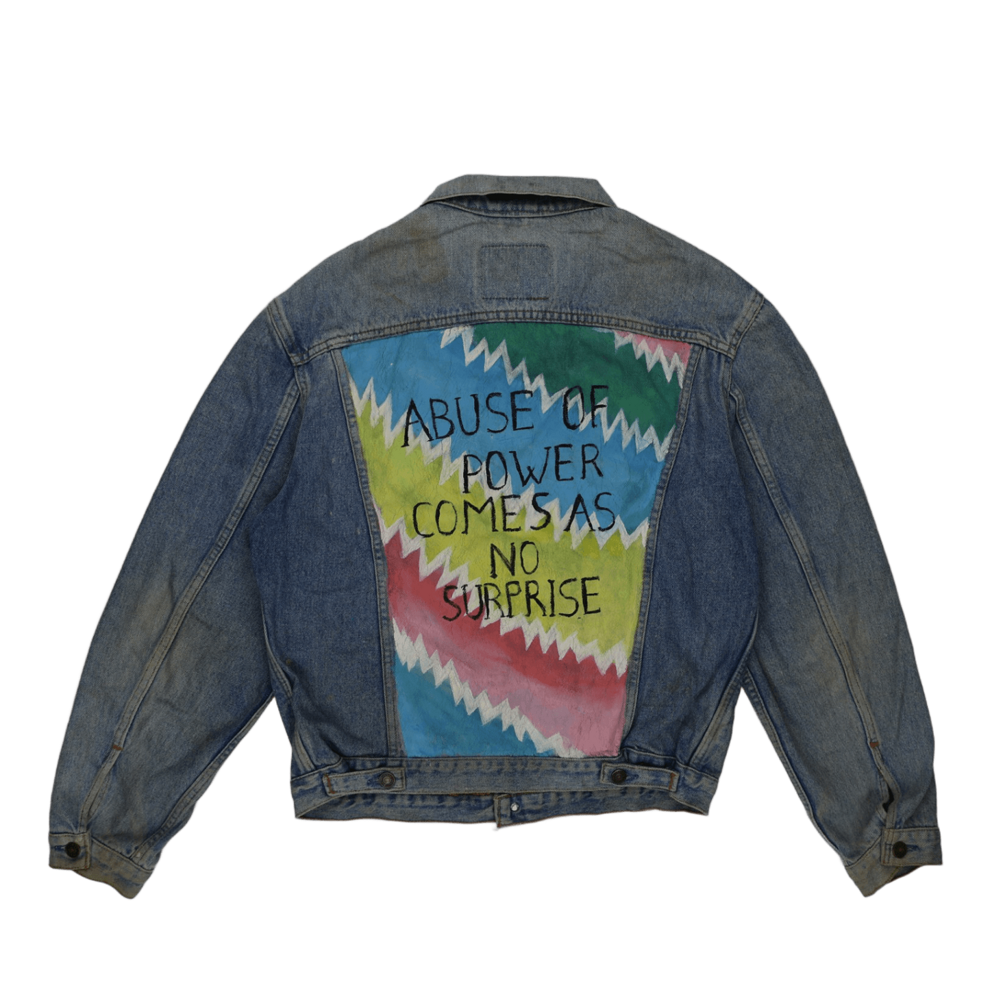 Levi's Vintage Blue Denim Trucker Jacket Large Cotton with Butterfly Embroidery and Hand-Painted Statement Patch
