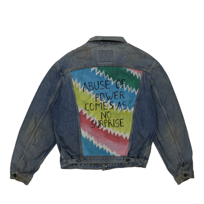Levi's Vintage Blue Denim Trucker Jacket Large Cotton with Butterfly Embroidery and Hand-Painted Statement Patch