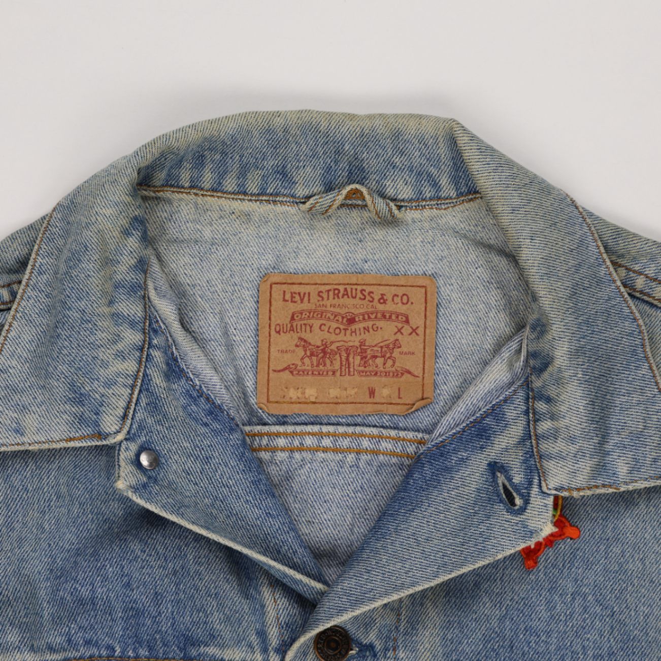 Levi's Vintage Blue Denim Trucker Jacket Large Cotton with Butterfly Embroidery and Hand-Painted Statement Patch