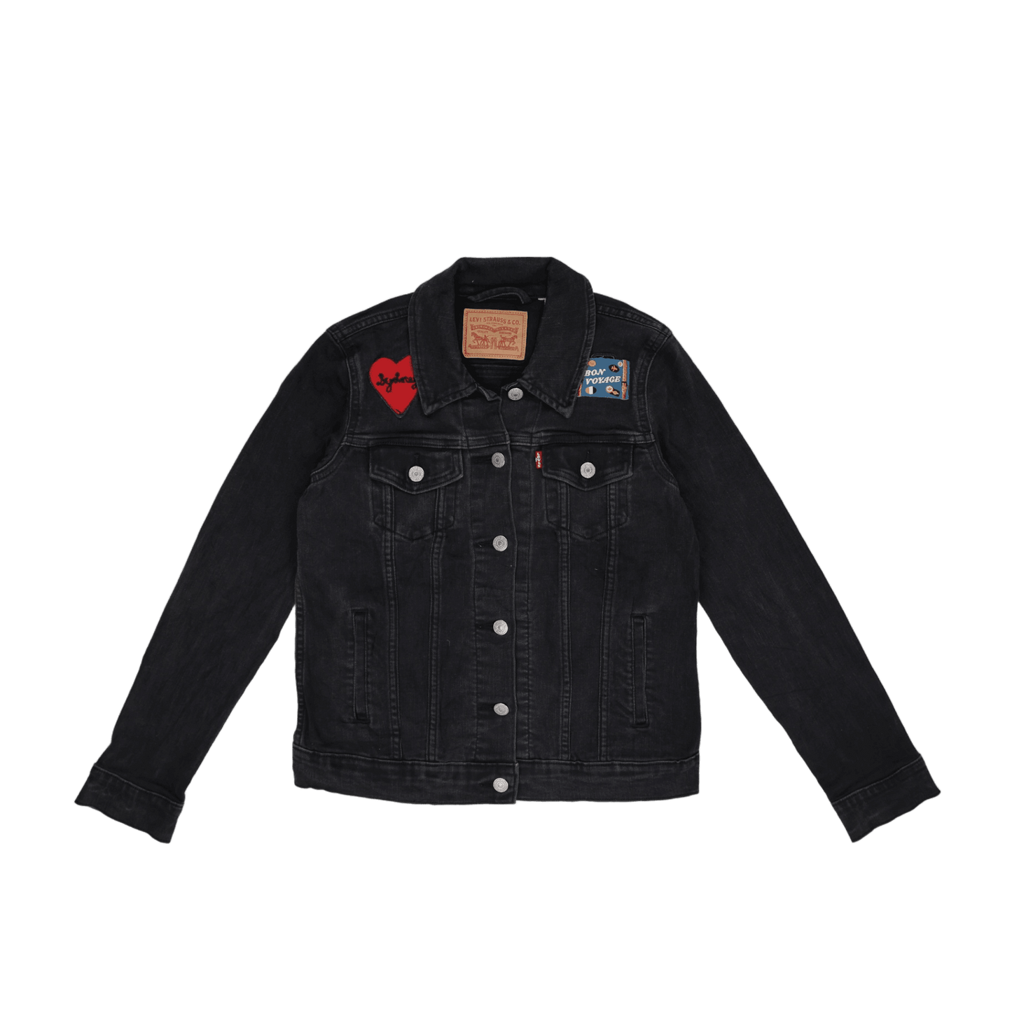 Levi's Black Denim Trucker Jacket with Embroidered Patches Size M Cotton