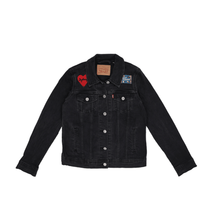 Levi's Black Denim Trucker Jacket with Embroidered Patches Size M Cotton