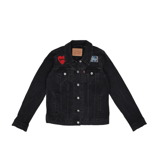 Levi's Black Denim Trucker Jacket with Embroidered Patches Size M Cotton