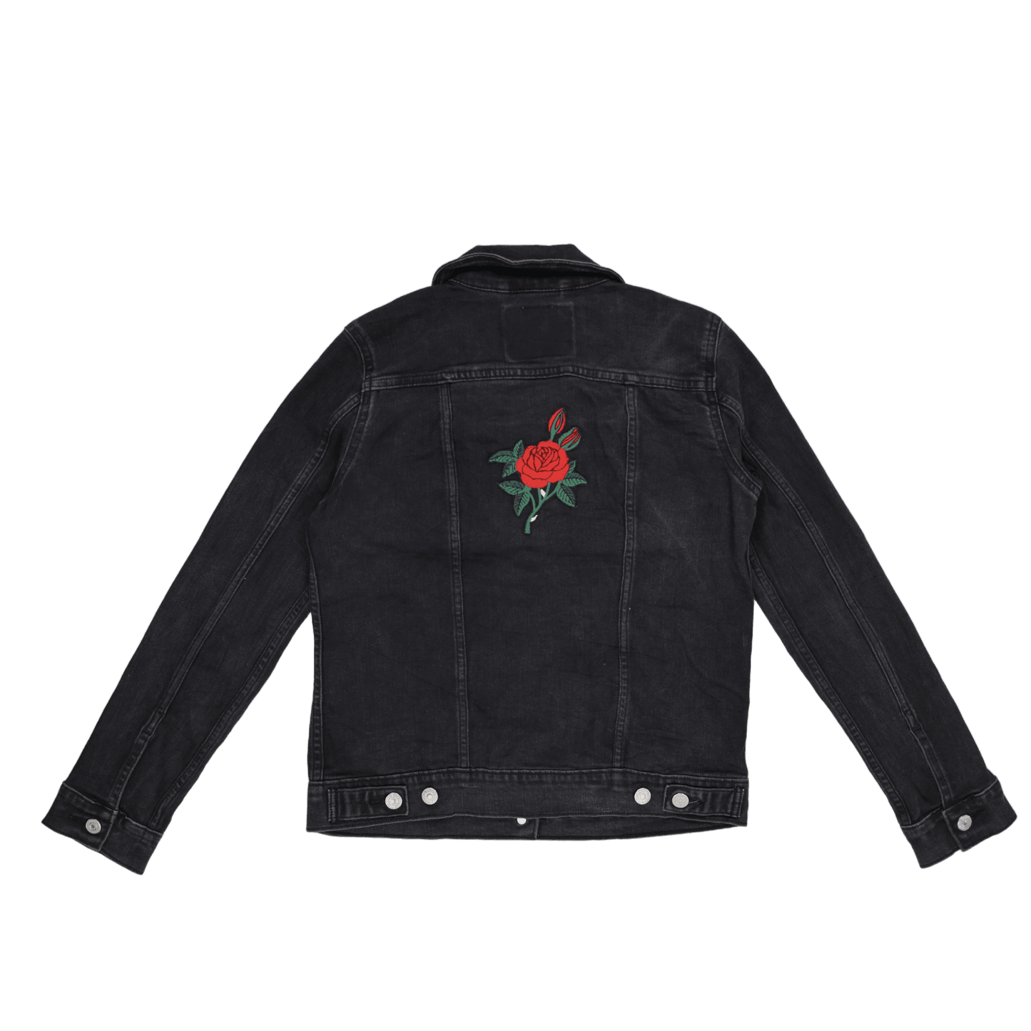 Levi's Black Denim Trucker Jacket with Embroidered Patches Size M Cotton