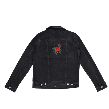 Levi's Black Denim Trucker Jacket with Embroidered Patches Size M Cotton