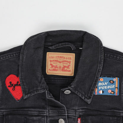 Levi's Black Denim Trucker Jacket with Embroidered Patches Size M Cotton