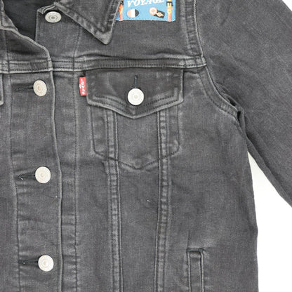 Levi's Black Denim Trucker Jacket with Embroidered Patches Size M Cotton
