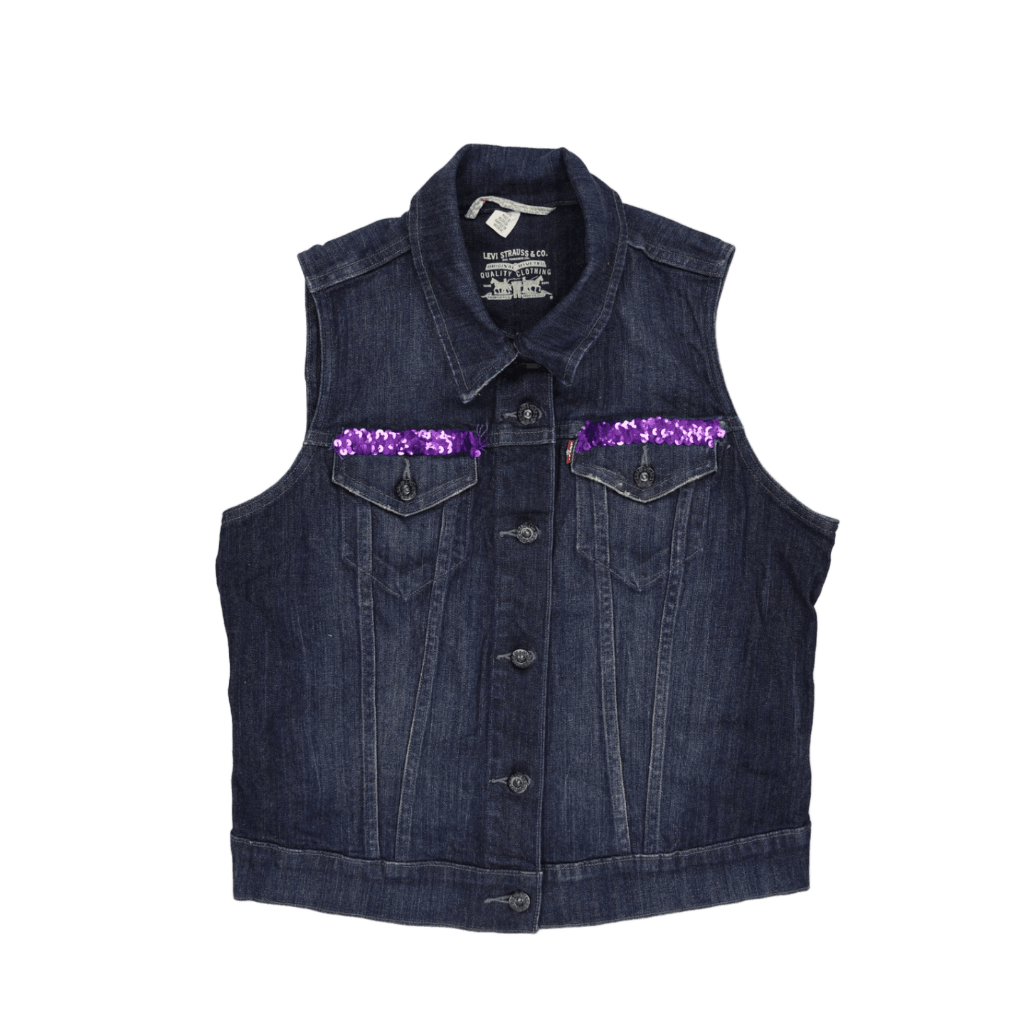 Levi's Large Blue Denim Waistcoat Vintage Sleeveless Gilet 99 Cotton 1 Elastane with Purple Sequin Trim