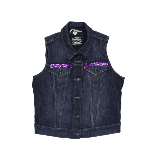 Levi's Large Blue Denim Waistcoat Vintage Sleeveless Gilet 99 Cotton 1 Elastane with Purple Sequin Trim