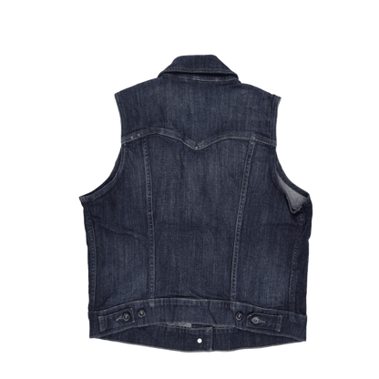 Levi's Large Blue Denim Waistcoat Vintage Sleeveless Gilet 99 Cotton 1 Elastane with Purple Sequin Trim