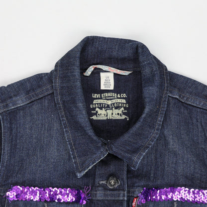 Levi's Large Blue Denim Waistcoat Vintage Sleeveless Gilet 99 Cotton 1 Elastane with Purple Sequin Trim