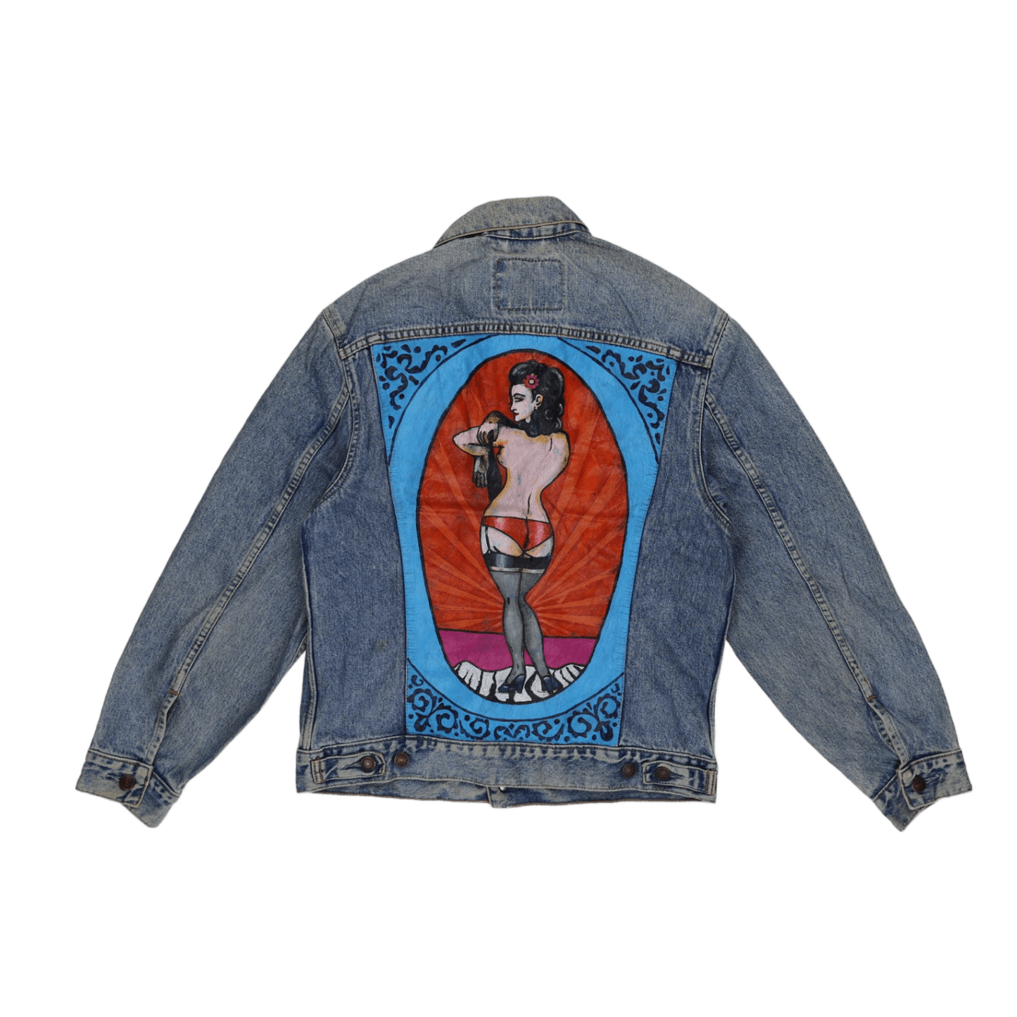 Levi's Vintage Custom Painted Pin-Up Girl Denim Jacket Light Blue Size S Cotton Denim