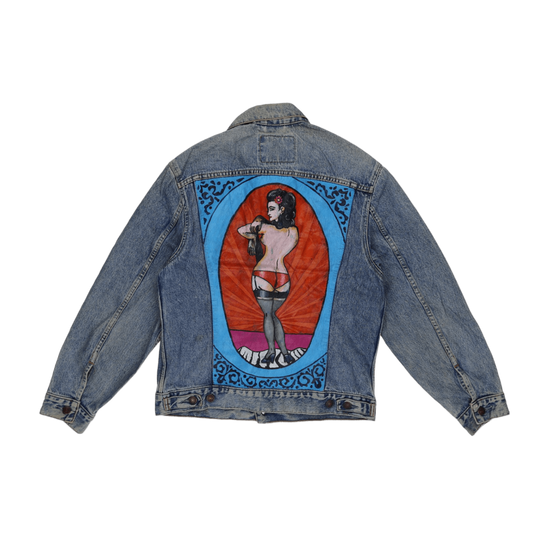 Levi's Vintage Custom Painted Pin-Up Girl Denim Jacket Light Blue Size S Cotton Denim