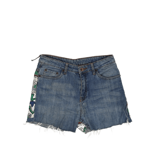 Levi's Vintage Women's Denim Shorts Size 14 Blue Multicolour Floral Print Cotton 11cm Inseam