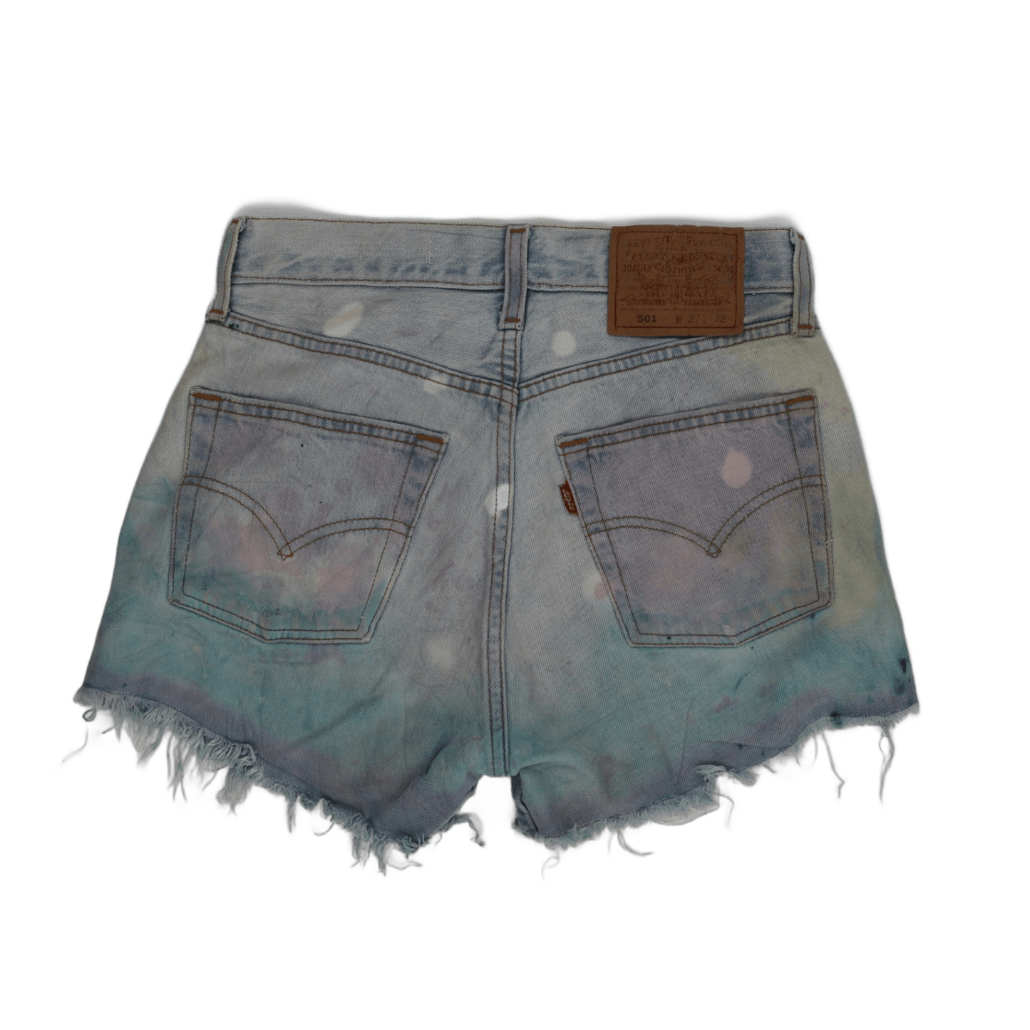 Levi's 501 Custom Tie Dye Distressed Denim Shorts Light Blue W27 L32 Cotton High Waist Vintage Festival