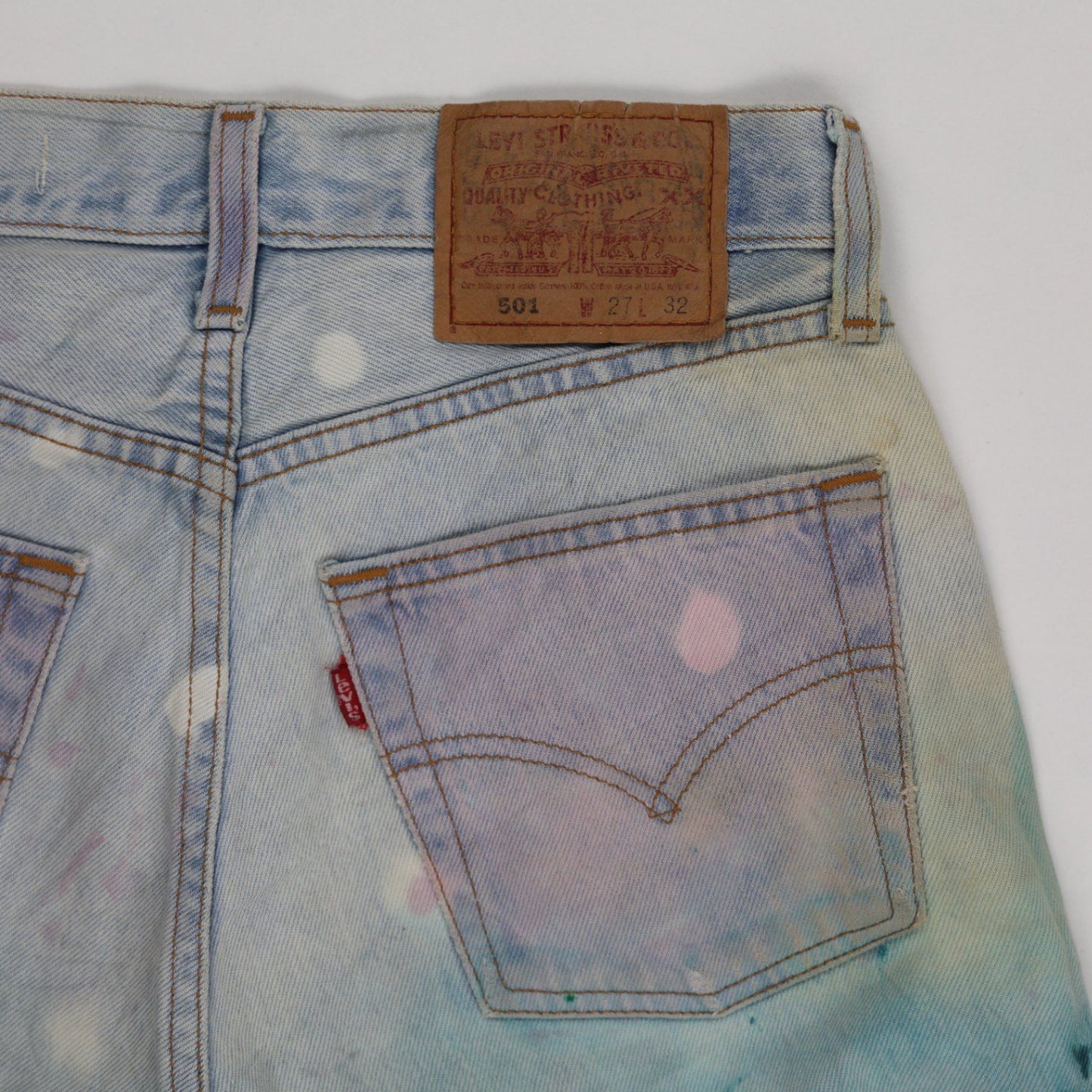 Levi's 501 Custom Tie Dye Distressed Denim Shorts Light Blue W27 L32 Cotton High Waist Vintage Festival