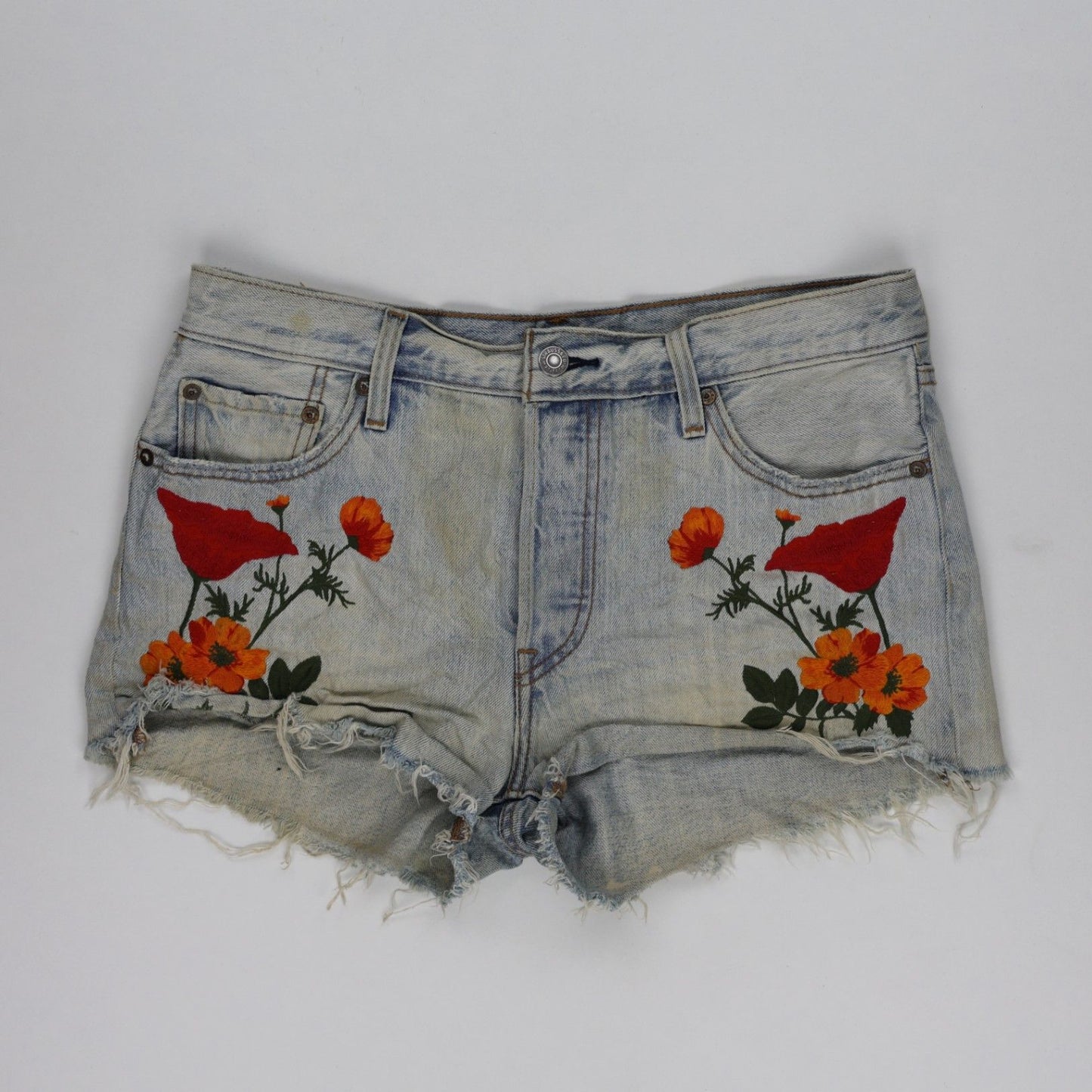 Levi's 501 Vintage Floral Embroidered Distressed Denim Shorts Light Blue W32 100 Cotton