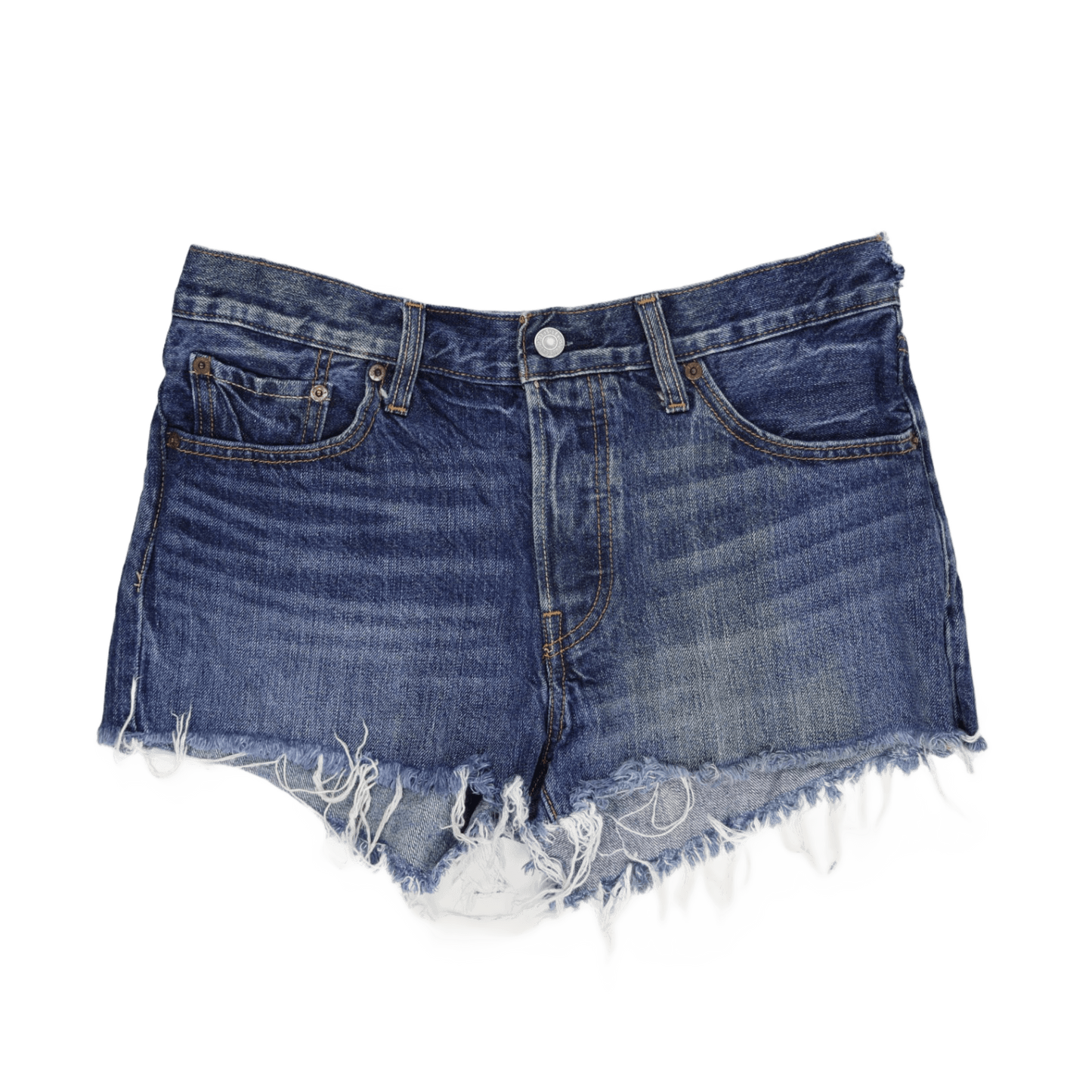 Levi's 501 Distressed High Waisted Denim Shorts in Classic Blue - Iconic Vintage Summer Style for Women, Festival Ready